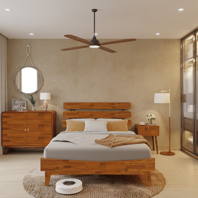 Lit plateforme en bois massif avec tête de lit ajustable Caden, style Mid-Century moderne