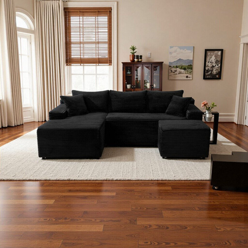 Canapé modulaire en U à assise profonde avec revêtement en velours côtelé, aucun assemblage requis, 5, Noir