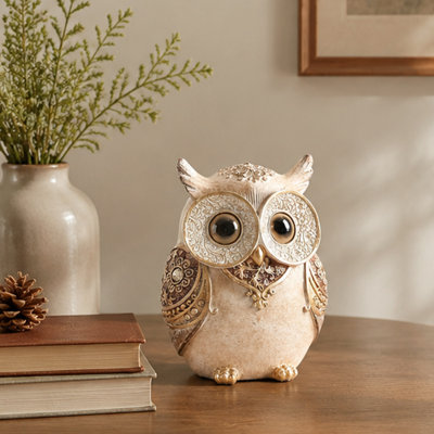 Resin Big Eye Owl Figurine, Gold Accents