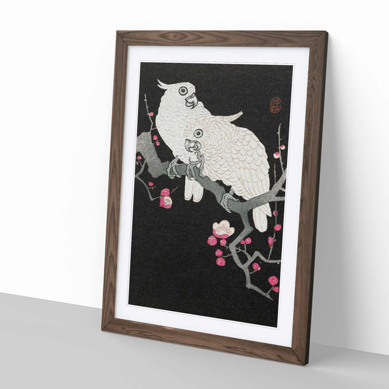 Plum Blossom Tree with Two Cockatoos by Ohara Koson - Picture Frame Painting Print on MDF, 50cm H x 35cm W x 2cm D, Walnut