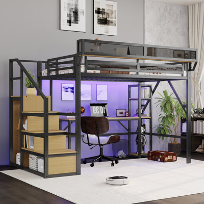 Full Size Metal Loft Bed with Desk, Stairs, Wardrobe, Storage Shelves, Charging Station & RGB LED Lights for Kids Teens