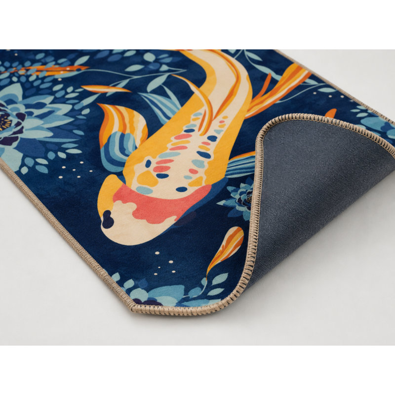Tapis décoratif bleu marine à motif de poissons Koi, Rectangle 5 pi 2 po x 7 pi 7 po