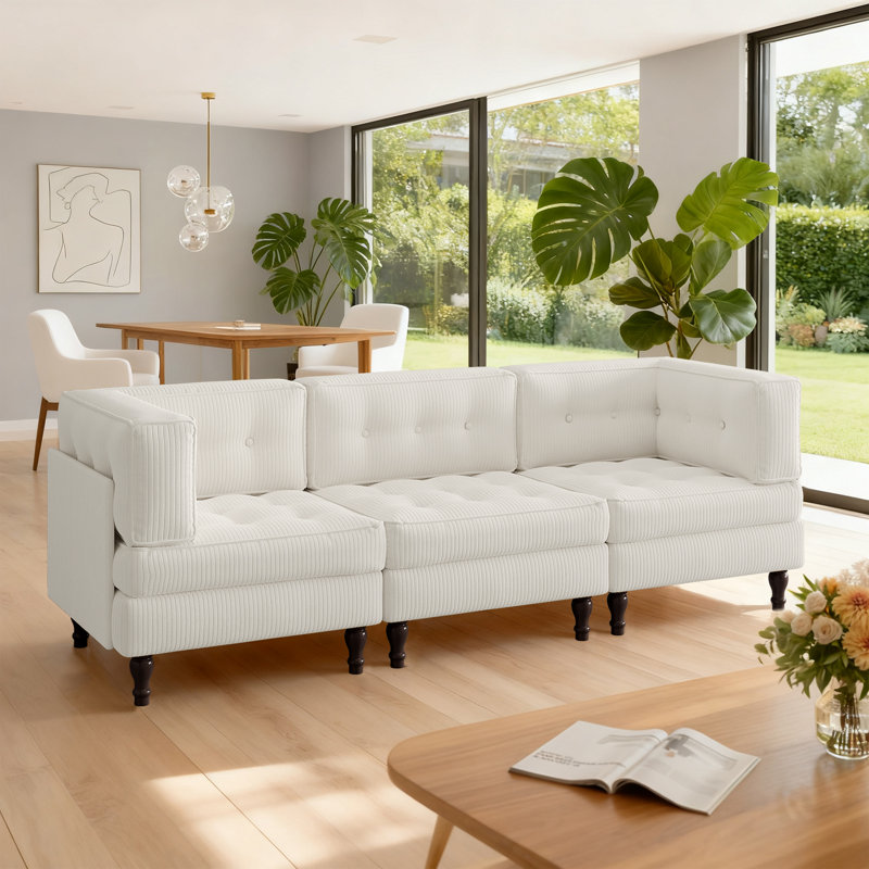 Upholstered Tufted Corduroy Modular Sectional with Pillow Back, Beige, 3