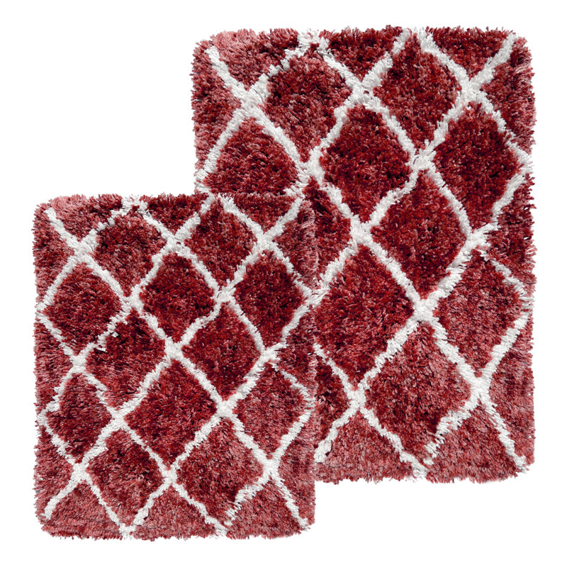 2 Piece Geometric Trellis Soft Plush Thick Bath Set, Red