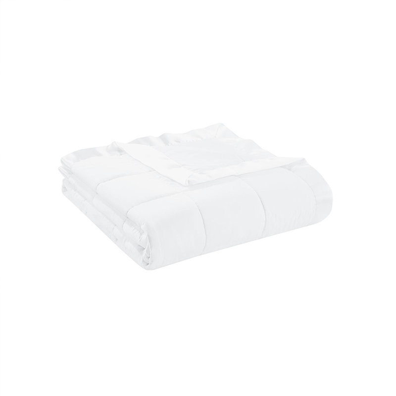 Couverture légère en duvet synthétique avec bordure en satin, Blanc, Lit simple