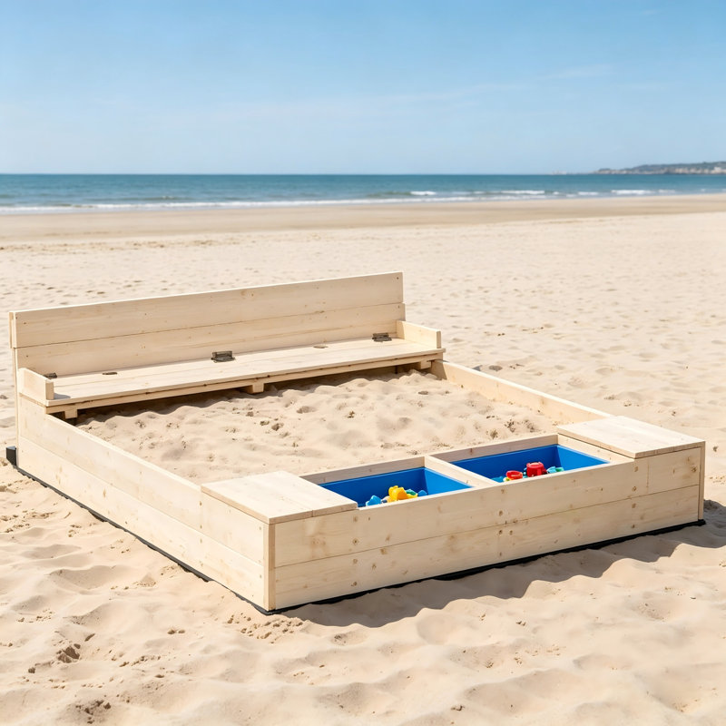 Bac à sable en bois pour enfants avec deux boîtes en plastique, siège de banc pliable, housse imperméable, doublure inférieure et espace de rangement - aire de jeu extérieure