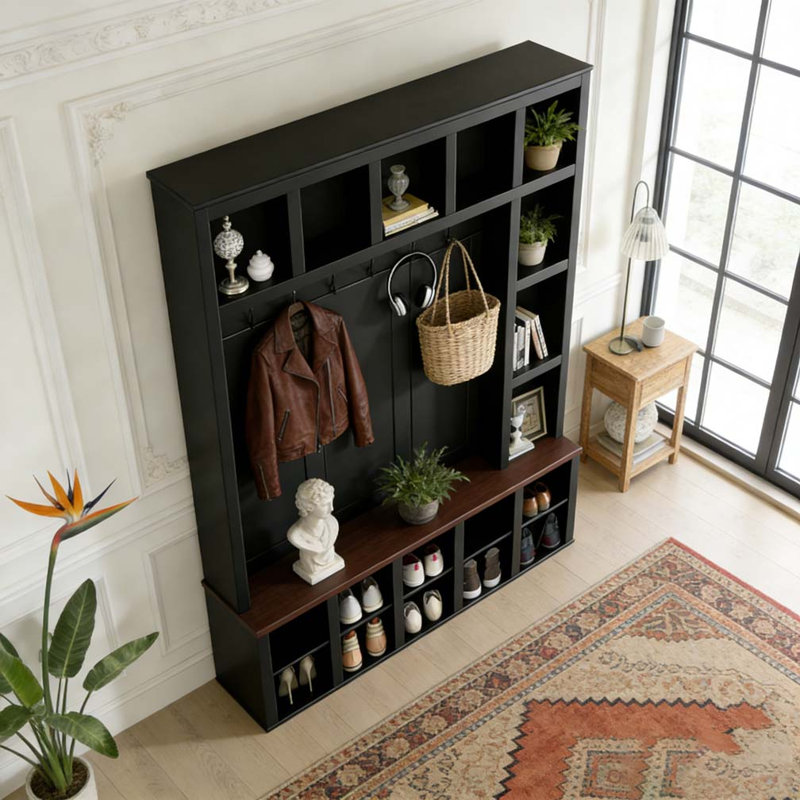 Hall Tree with 6 Hooks, Practical Walnut Storage Bench with Adjustable Shelves, Black/Walnut