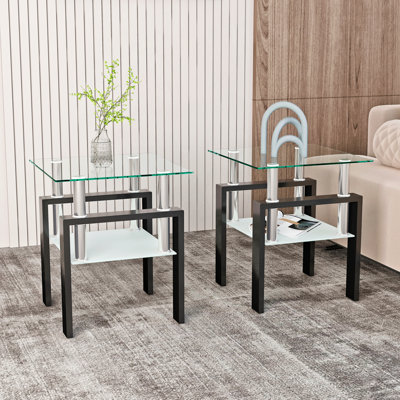 Table basse en verre, l 17,7 po x P 17,7 po x H 20,5 po, ensemble de 2, plateau en verre trempé transparent