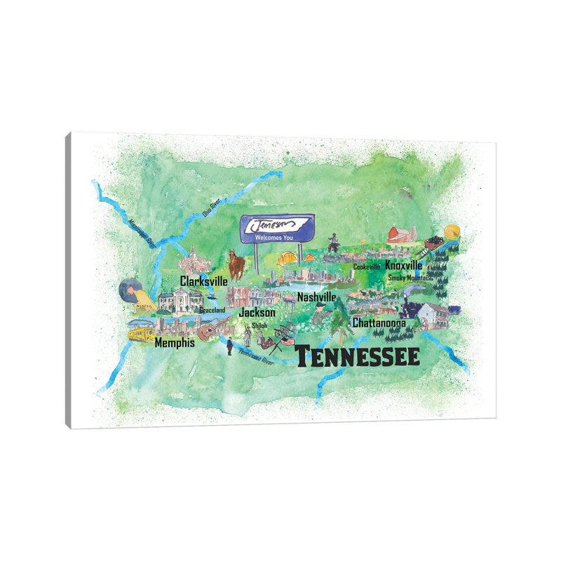 Tennessee Illustrated Travel by Markus & Martina Bleichner - Wrapped Canvas Print, 101.6 cm H x 66.04 cm W x 1.91 cm D