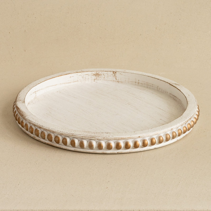 Plateau décoratif perlé rond en bois blanc