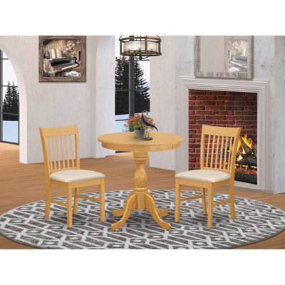 3 Piece Dining Set Contains a Round Dining Table with Pedestal and 2 Kitchen Chairs, 30x30 Inch, Oak