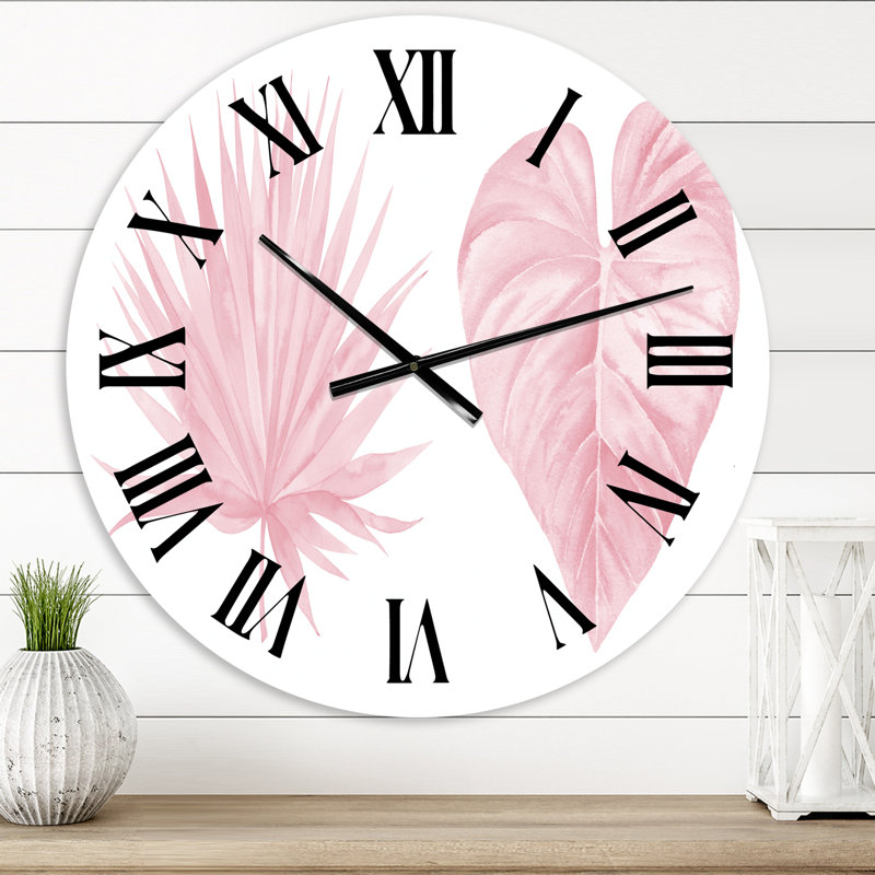 Horloge murale tropicale à feuilles d'aquarelle roses II - Shabby Elegance, Moyen