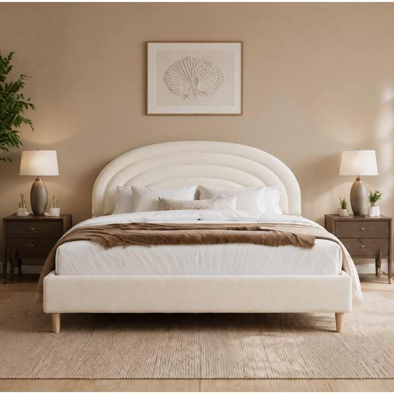 Lit tapissier festonné Halis, Ours en peluche ivoire, Grand