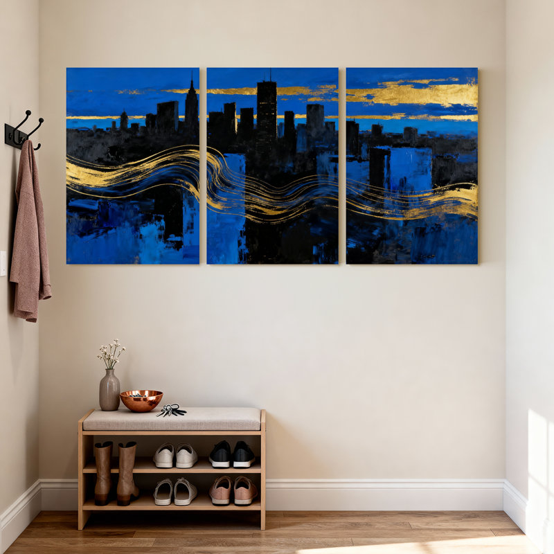 Ensemble de 3 impressions sur toile, "Skyline bleue avec vagues d'or", H 18 po x l 36 po