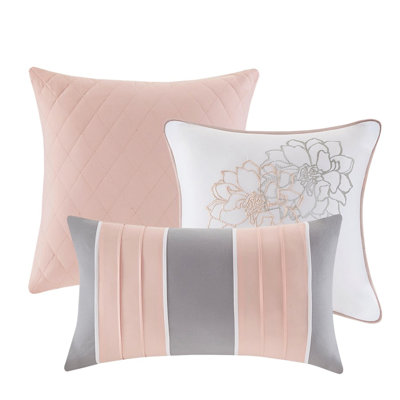Très grand lit en coton imprimé gris / pêche - édredon, rembourrage ornemental de 15 pouces, coussins décoratifs brodés