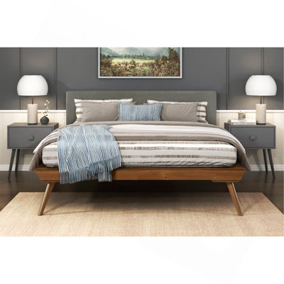 1Pc Platform Bed Upholstered Headboard Dark Gray Chestnut Finish Wooden Furniture