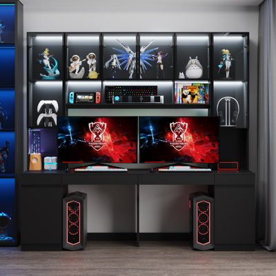 90.6"W Computer Desk With LED-Lit Display Cabinets & Ample Storage