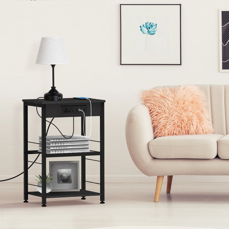 Table de chevet à 3 niveaux avec port de charge USB, table d'appoint rustique étroite avec prises