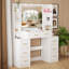 Table de coiffeuse à maquillage avec grand miroir et lumières, coiffeuse blanche avec 7 tiroirs et 6 tablettes pour femmes