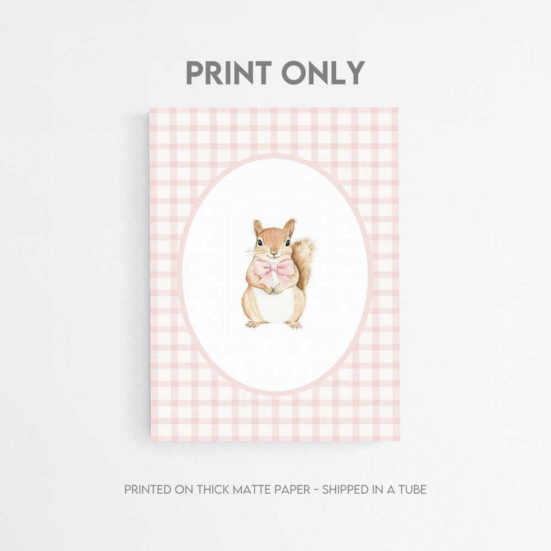 «Pink Bow Squirrel», reproduction d'art, aquarelle, encadrée ou non