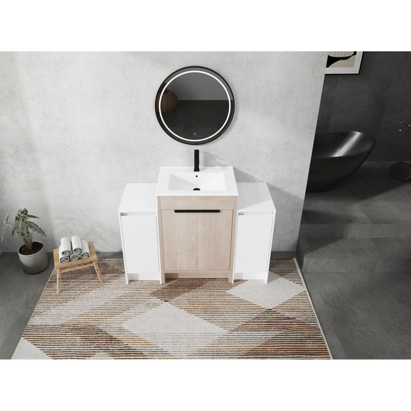 Meuble-lavabo 48 po avec lavabo en céramique, 2 unités de rangement, porte, lavabo délicat blanc brillant, armoires, charnières, style
