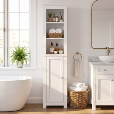 Farmhouse  Bathroom Storage Cabinet, Tall Slim Storage Hutch, 3  Open Shelves Adjustable, Cabinet Door, Cream White Wood Finish