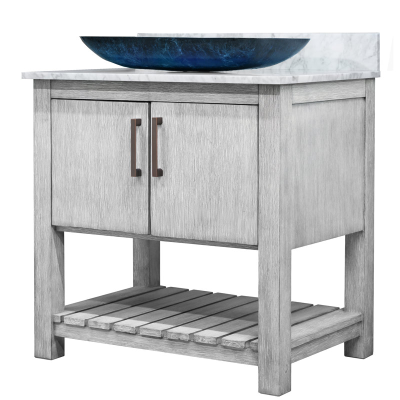 Meuble-lavabo 36 po avec comptoir en marbre de Carrare, lavabo et miroir, Bronze frotté à l'huile
