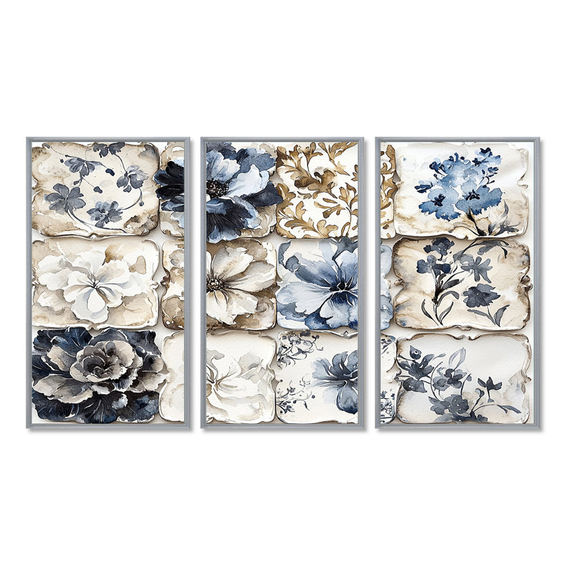 Ensemble de salon mural blanc et bleu à motif floral abstrait IV - Boho Tiles, Toile tendue, H 28 po x l 36 po x P 1 po