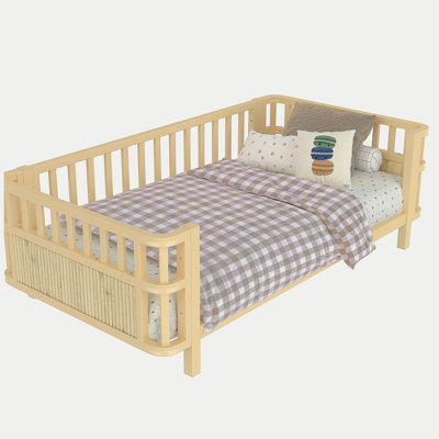 Lit plateforme double en bois pour enfants avec garde-corps, lit double en fer avec garde-corps (simple, naturel)