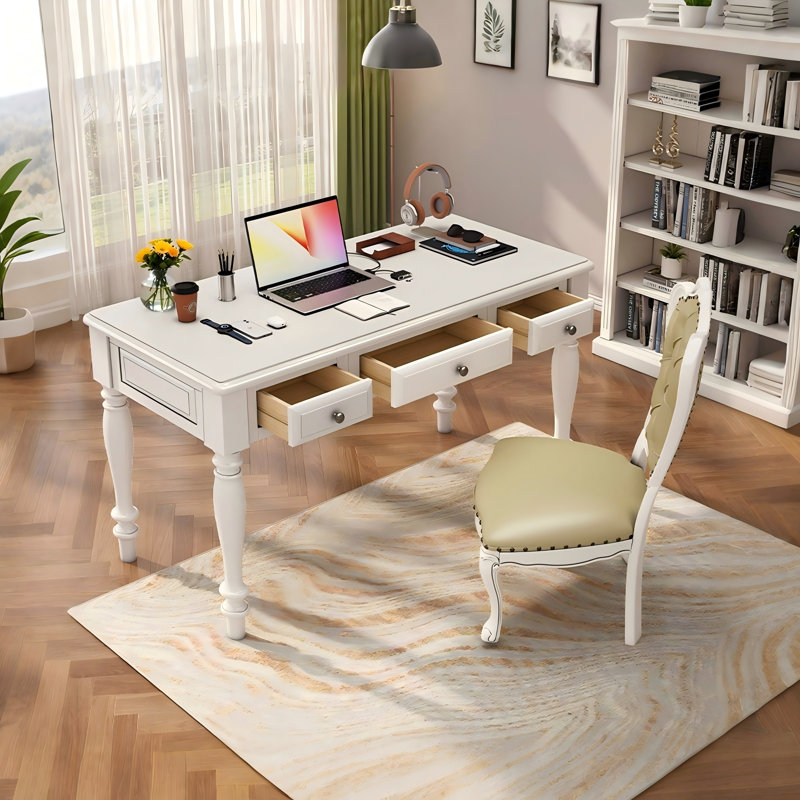 55.12"Cream White Retro Rectangle Solid Wood Writing Desk,3-drawer, 30.39" H x 55.12" W x 23.62" D
