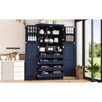 Garde-manger autoportant de style Shaker bleu avec 4 longues poignées, une tablette réglable à 3 niveaux et 8 plateaux coulissants pour les ustensiles de cuisine de 17,6 pouces de profondeur. Portes, plateaux, 2 trousses de basculement