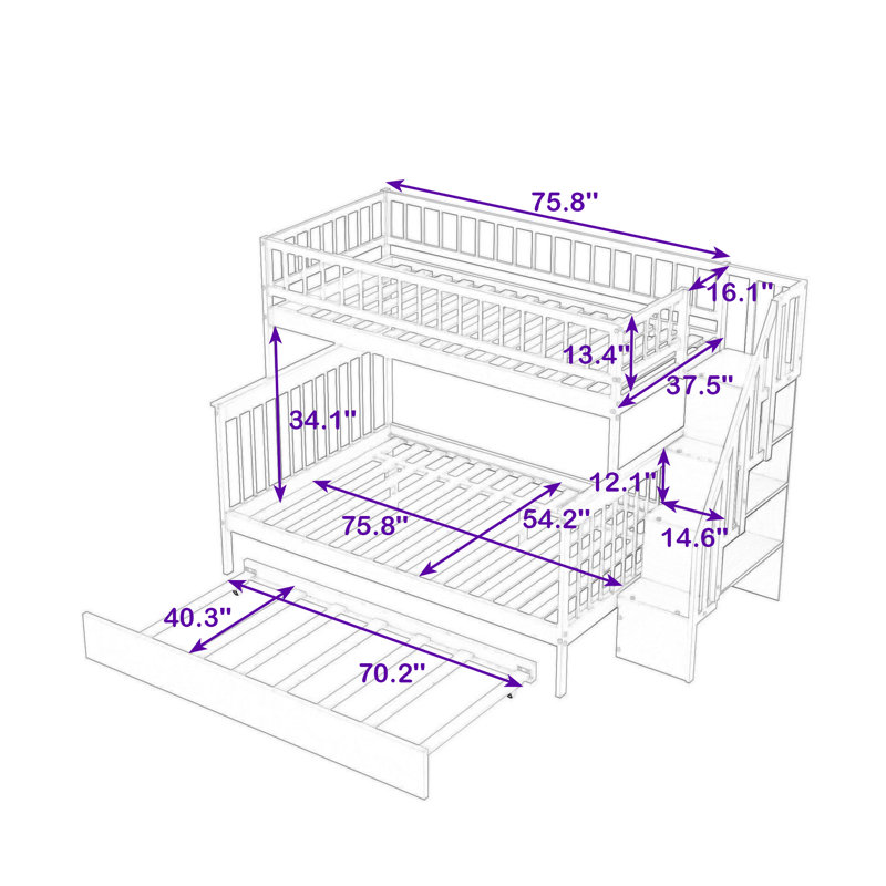Lit superposé simple au-dessus d'un lit double en bois avec lit gigogne et tablettes de rangement, Gris