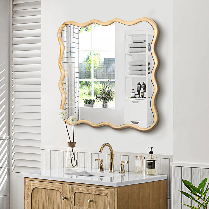 Miroir Wavy, Carrée, 36,03 po x 36,03 po, Bois naturel