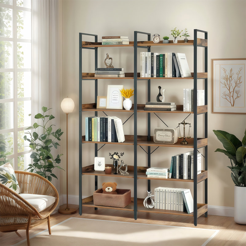 6-Tier Industrial Bookshelf, 67" Wooden Bookshelf With Open Shelves, Freestanding Metal Frame Bookcase For Storage And Display, Modern Book Shelves For Bedroom, Living Room And Home Office, Brown