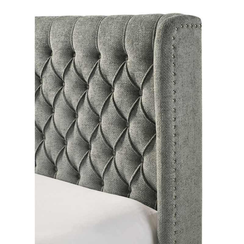 Cadre de lit très grand contemporain revêtu de gris avec tête de lit à oreilles et saveur moderne, mobilier de chambre à coucher, structure en bois de caractère, lit, configuration
