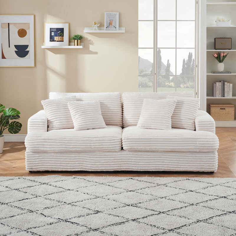 Corduroy Sofa 3 Seater Sofa Couch with 4 Toss Pillows Sleek Design Modern Comfortable for Room, White Corduroy Duplicate