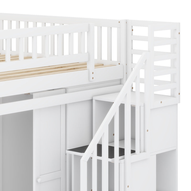 Loft Bed With Bookshelf,Drawers,Desk,And Wardrobe, White