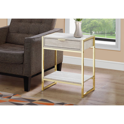 Table d'appoint, côté, bout, table de chevet, lampe, tiroir de rangement, salon, chambre à coucher, stratifié d'aspect marbre beige, métal, contemporain, moderne