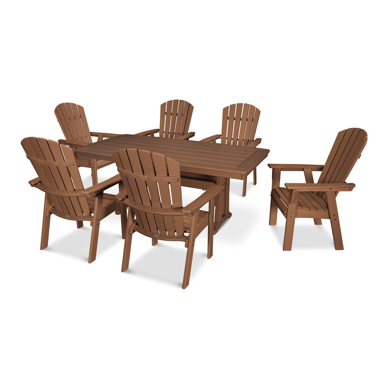 POLYWOOD Nautical Curveback Adirondack 7-Piece Dining Set with Trestle Legs, Teak, 7 Pieces: Table, 6 Chairs
