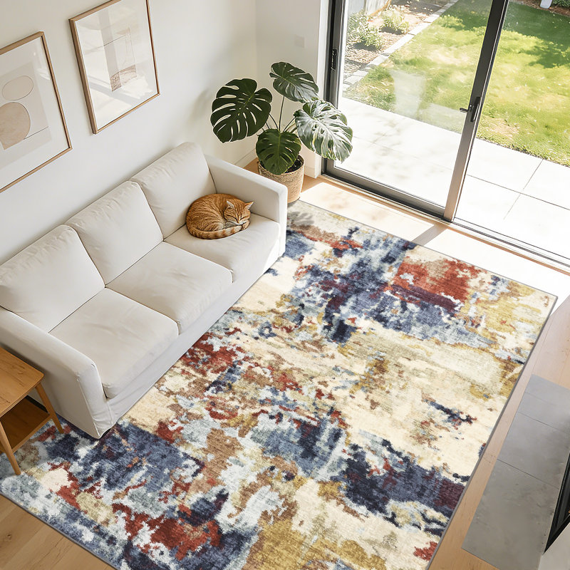 Ultra Thin Washable Area Rug – Modern Abstract Carpet, Non-Slip & Non-Shedding, Spot Resistant for Living Room, Bedroom, Hallway, Dining Room, Office – Blue & Colorful, Multiple Sizes