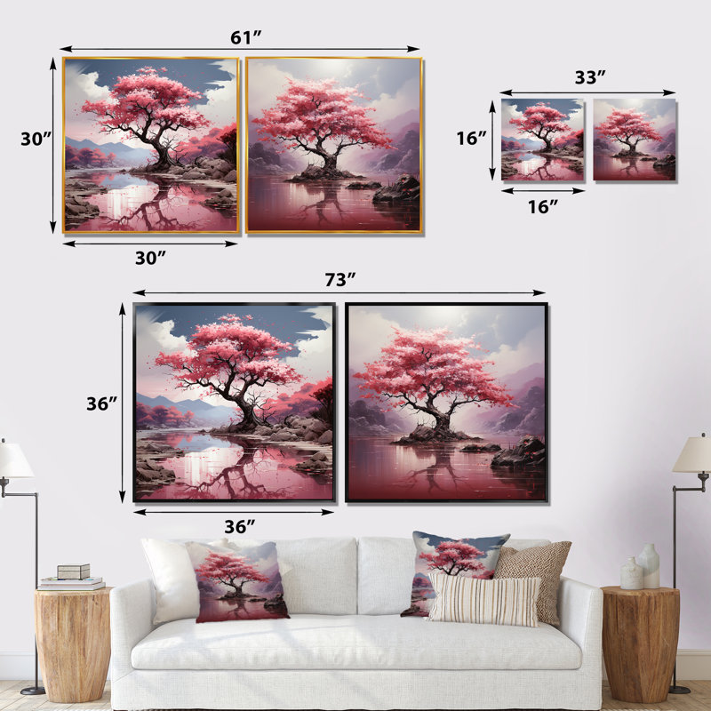 «Pink Cherry Tree Blossoms In River I», ensemble de 2 reproductions d'art sur toile, Toile tendue, H 16 po x l 33 po x P 1 po