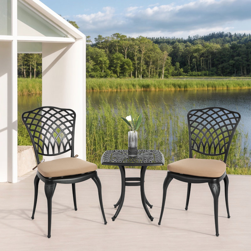 Patio extérieur en aluminium coulé 3 pièces - 2 chaises et 1 coussin de table noir, conception classique, assemblage facile requis pour le patio, le jardin, le style 3 pièces du balcon, une cour paisible