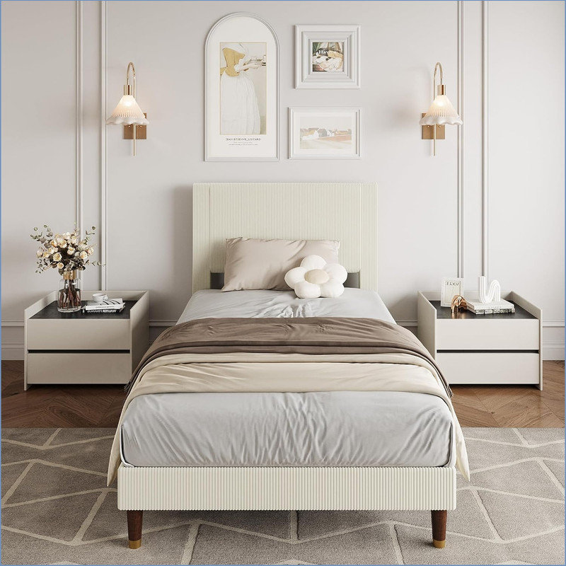 Base de lit plateforme avec tête de lit, cadre de lit rembourré en velours côtelé confortable avec support en lattes de bois, aucun sommier tapissier, silencieux et facile à assembler pour les dortoirs pour adolescents