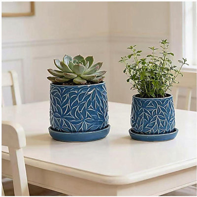 Ensemble de pots à fleurs en céramique fait à la main de 2, 6 po et 8 po de diamètre, bleu foncé avec motif de feuilles, pour les plantes d'intérieur et d'extérieur pour plantes d'intérieur et d'extérieur, argile respirante avec soucoupes