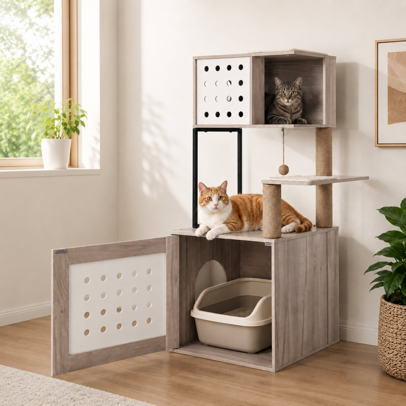 Grand arbre à chat 47 po avec bac à litière dissimulé - Plates-formes multi-niveaux et poteaux à griffer
