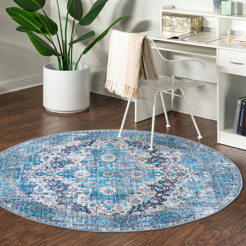 Tapis bleu / gris en chenille de style oriental Gutshall, Rond 5 pi 3 po
