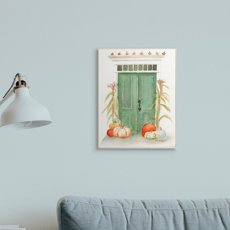 Porte d'entrée, architecture, récolte d'automne, citrouilles - reproduction d'art, Plaque murale