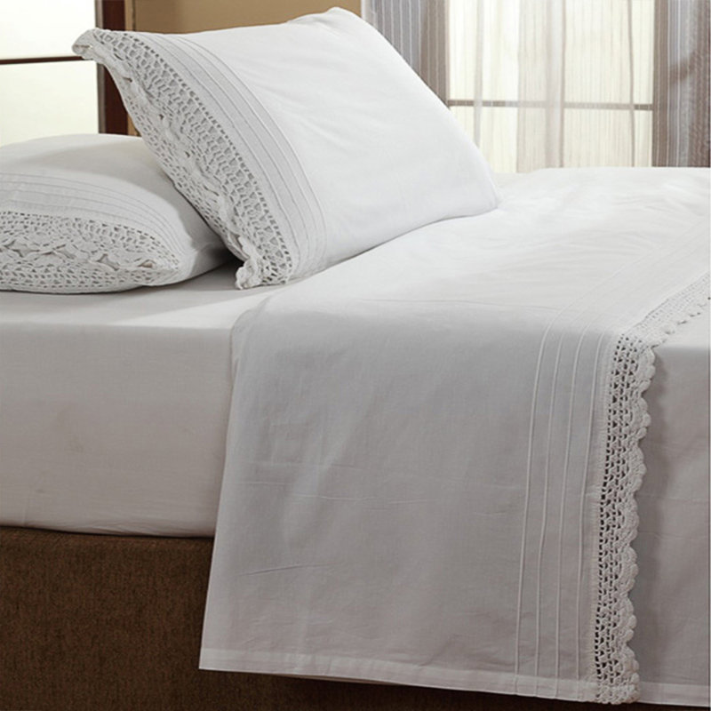 Dainty Crochet 100% Cotton Sheet Set, King Sheet Set + Fitted Sheet + 2 Pillowcases, White