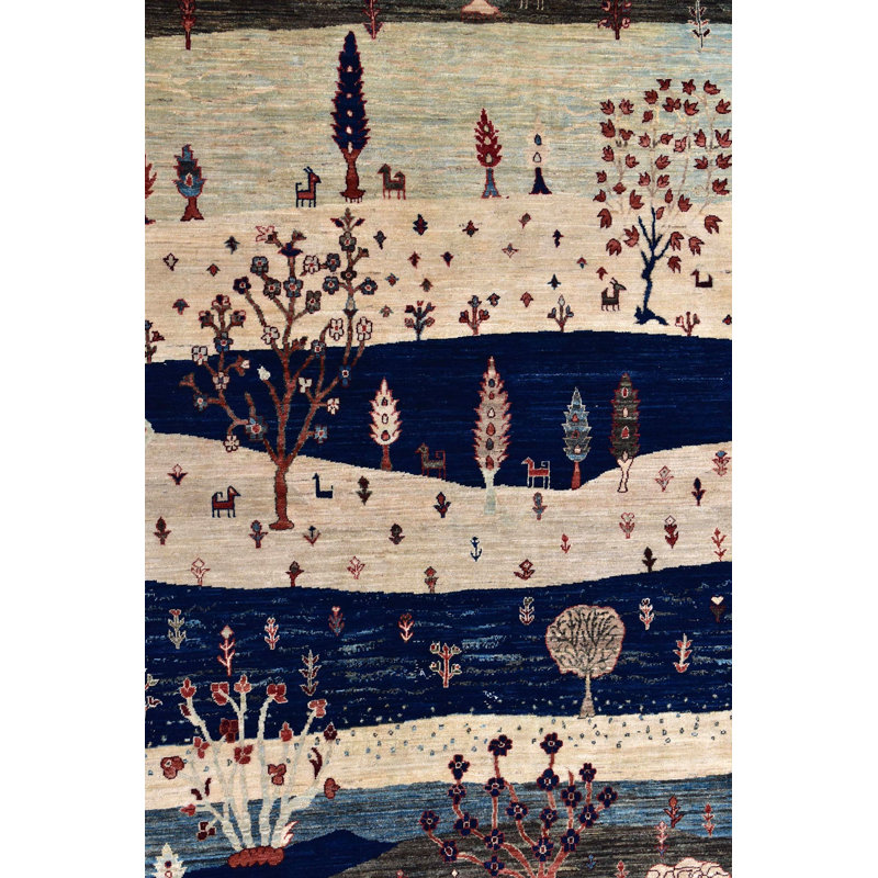 Tapis unique bleu / bleu marine / ivoire 6 pi 2 po x 9 pi 1 po Landscape Gabbeh