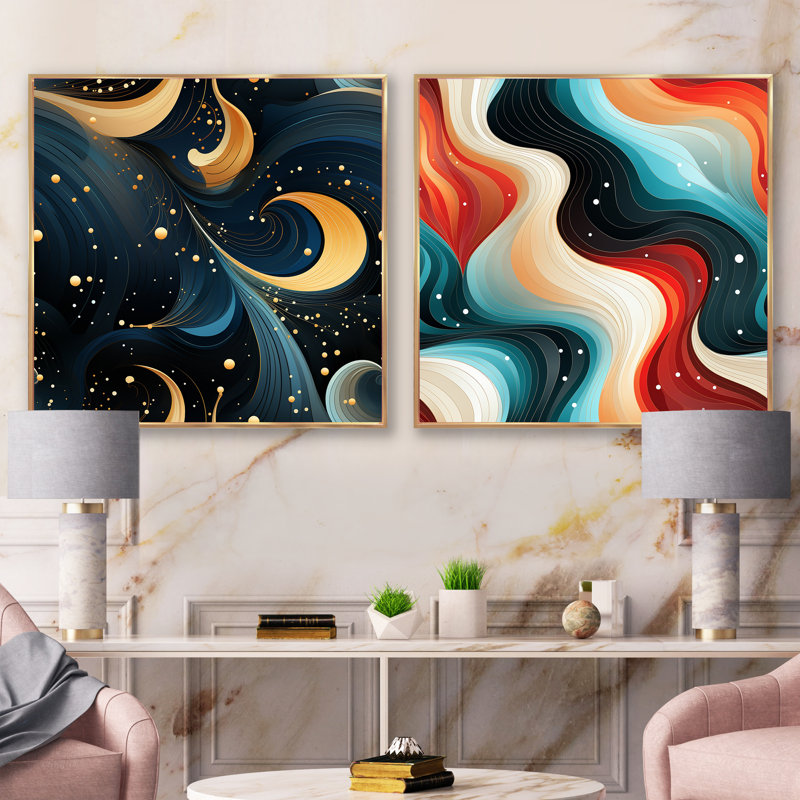 Daaiyah - Ensemble de 2 collages de formes carrées abstraites, Cadre flottant doré, H 36 po x l 73 po